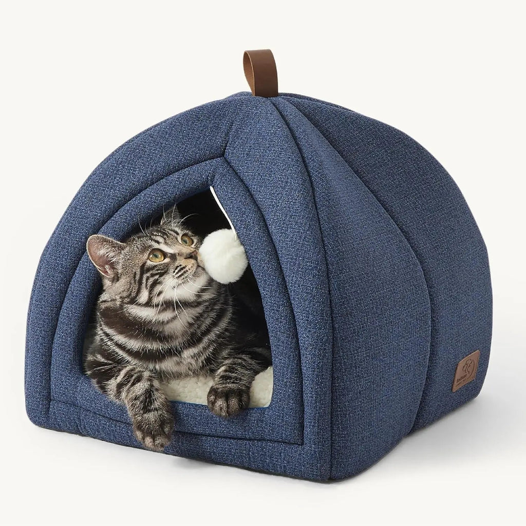 2-in-1 Cat Cave Bed – Foldable Indoor Cat Tent with Washable Cushion, Sizes S-L