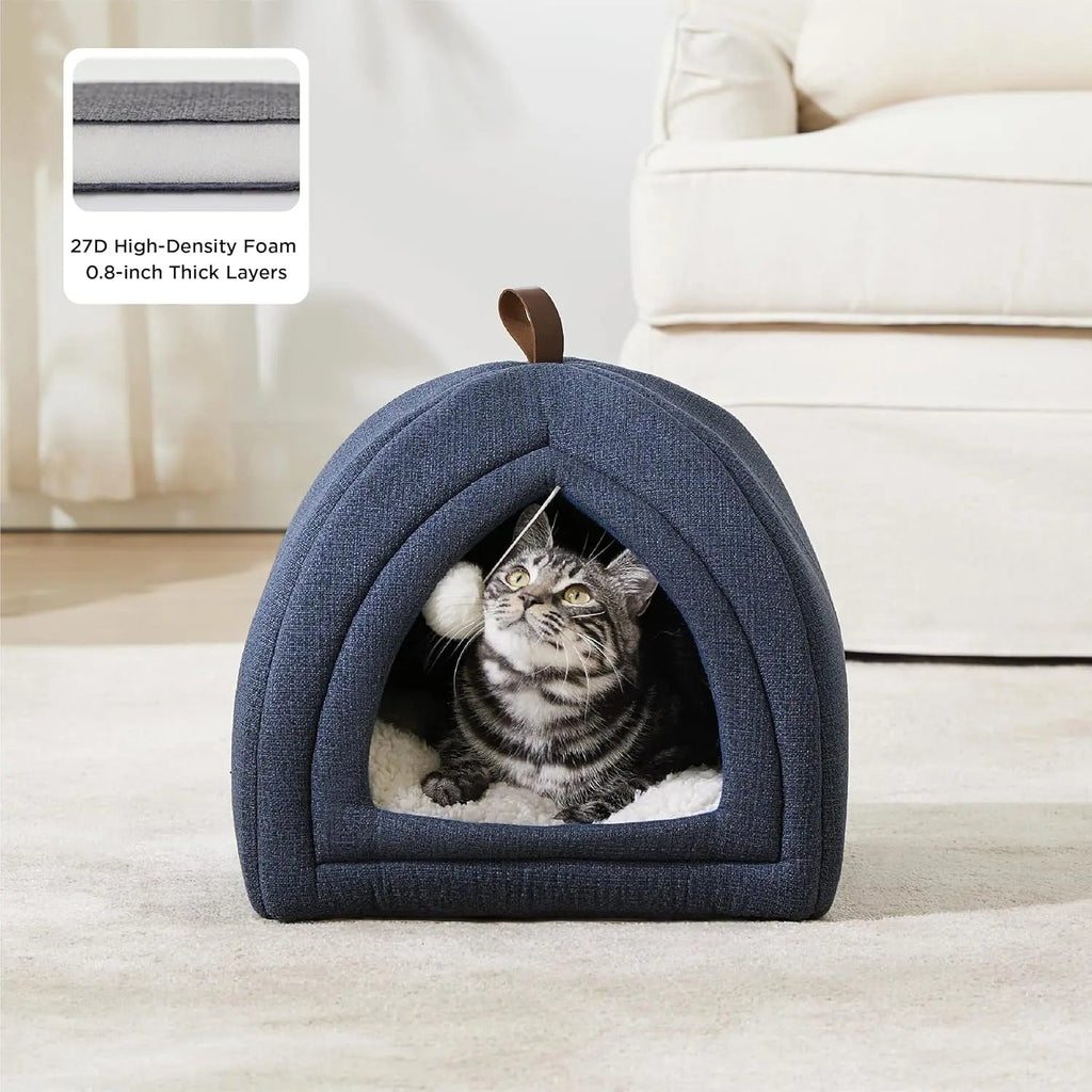 2-in-1 Cat Cave Bed – Foldable Indoor Cat Tent with Washable Cushion, Sizes S-L