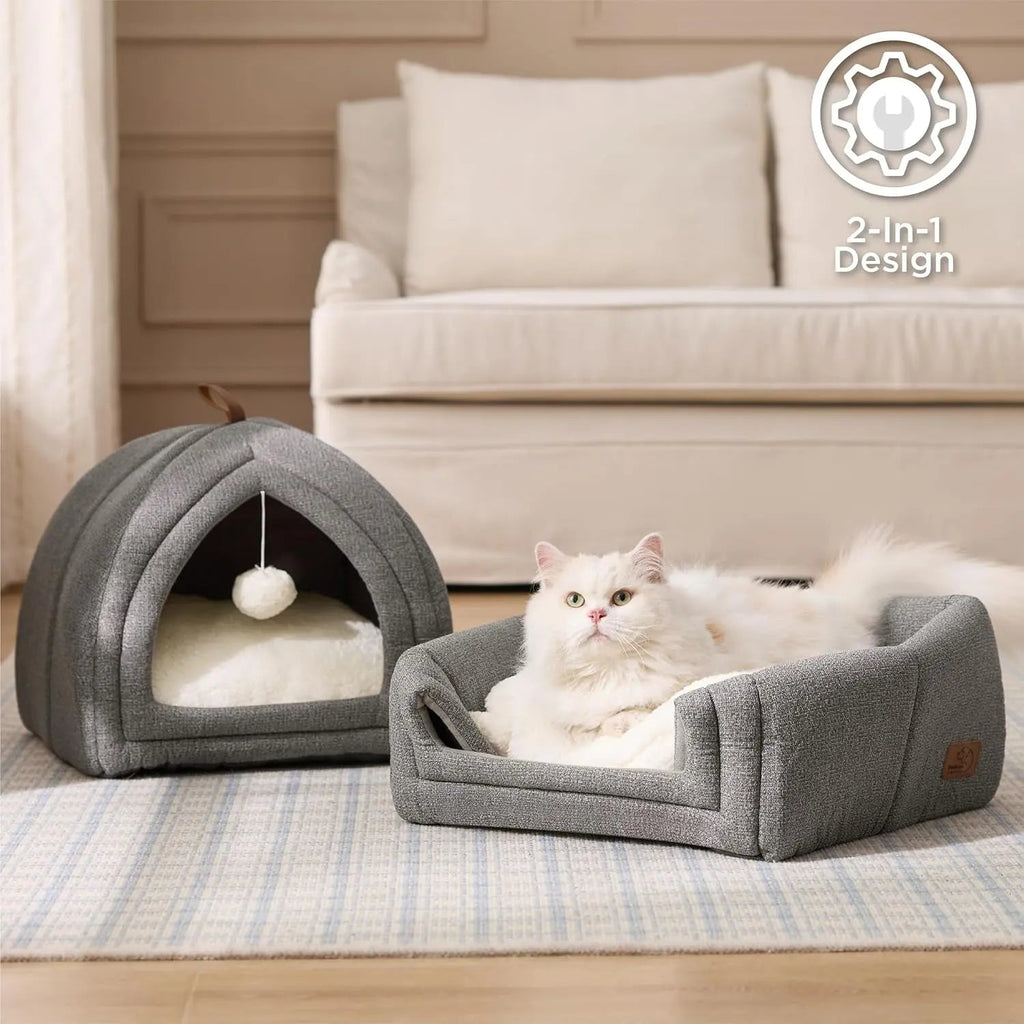 2-in-1 Cat Cave Bed – Foldable Indoor Cat Tent with Washable Cushion, Sizes S-L