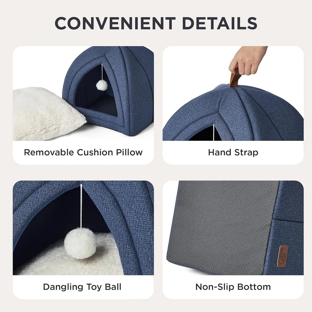 2-in-1 Cat Cave Bed – Foldable Indoor Cat Tent with Washable Cushion, Sizes S-L