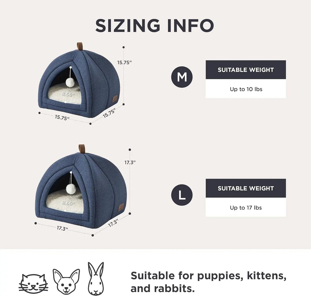 2-in-1 Cat Cave Bed – Foldable Indoor Cat Tent with Washable Cushion, Sizes S-L